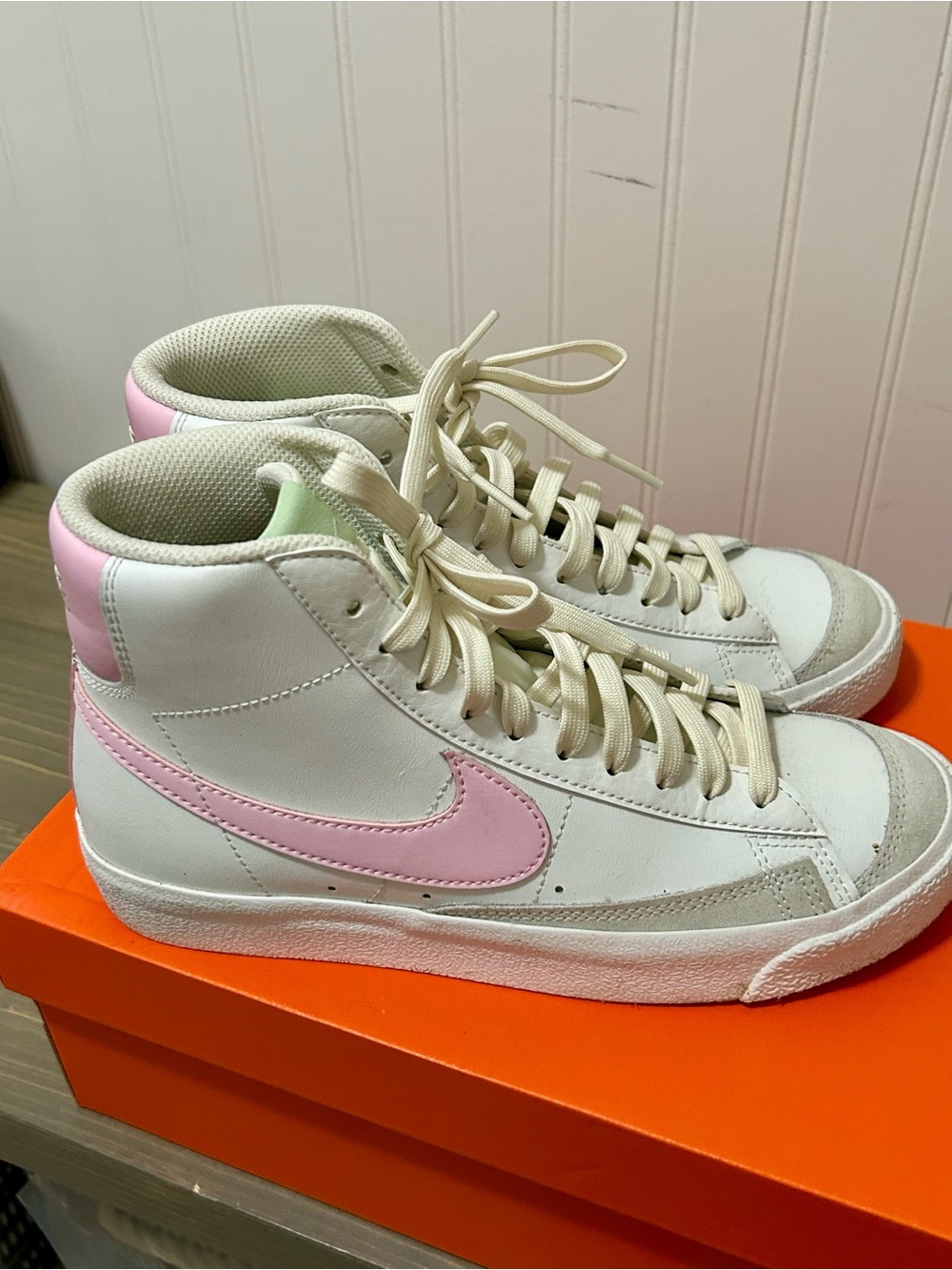 Nike Blazer Mid White with Pink Swoosh - Women's High Tops
